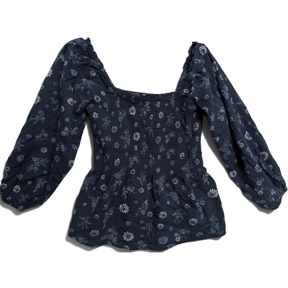 Madewell Womens Smocked Peplum Top Size 0 Floral Long Sleeve Navy Blue